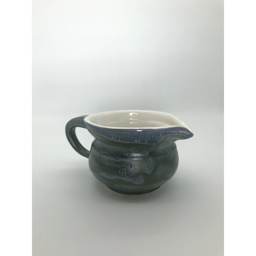 Art Pottery Large Creamer Blue Glaze Signed Dated Handle Ceramic Stoneware Gravy